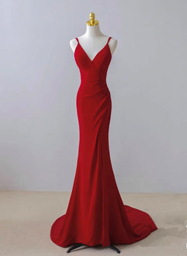 Red Mermaid V-neckline Straps Long Evening Dress, Red Formal Dress