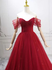 Wine Red Tulle Off Shoulder A-line Prom Dress, Wine Red Tulle Evening Dress Formal Dress