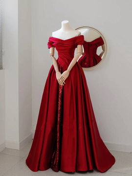 Wine Red Satin and Sequins Off Shoulder Party Dress, Red Satin Long Prom Dress