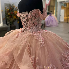Pink Off Shoulder Beaded Floral Lace Quinceañera Dress,Pink Ball Gown Tulle Sweet 16 Prom Gown with Train