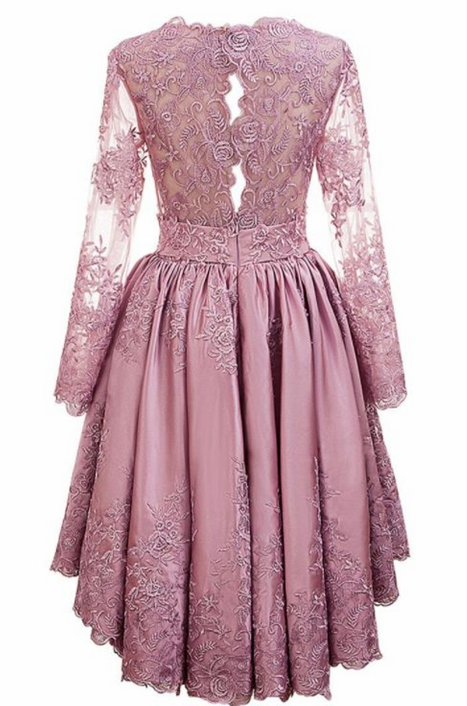 Pink Satin with Lace Applique High Low Homecoming Dress, Pink Short Pr ...