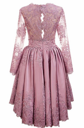Pink Satin with Lace Applique High Low Homecoming Dress, Pink Short Prom Dress