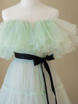 A-line Light Green Tulle Off Shoulder Long Evening Dress, Light Green Sweetheart Prom Dress