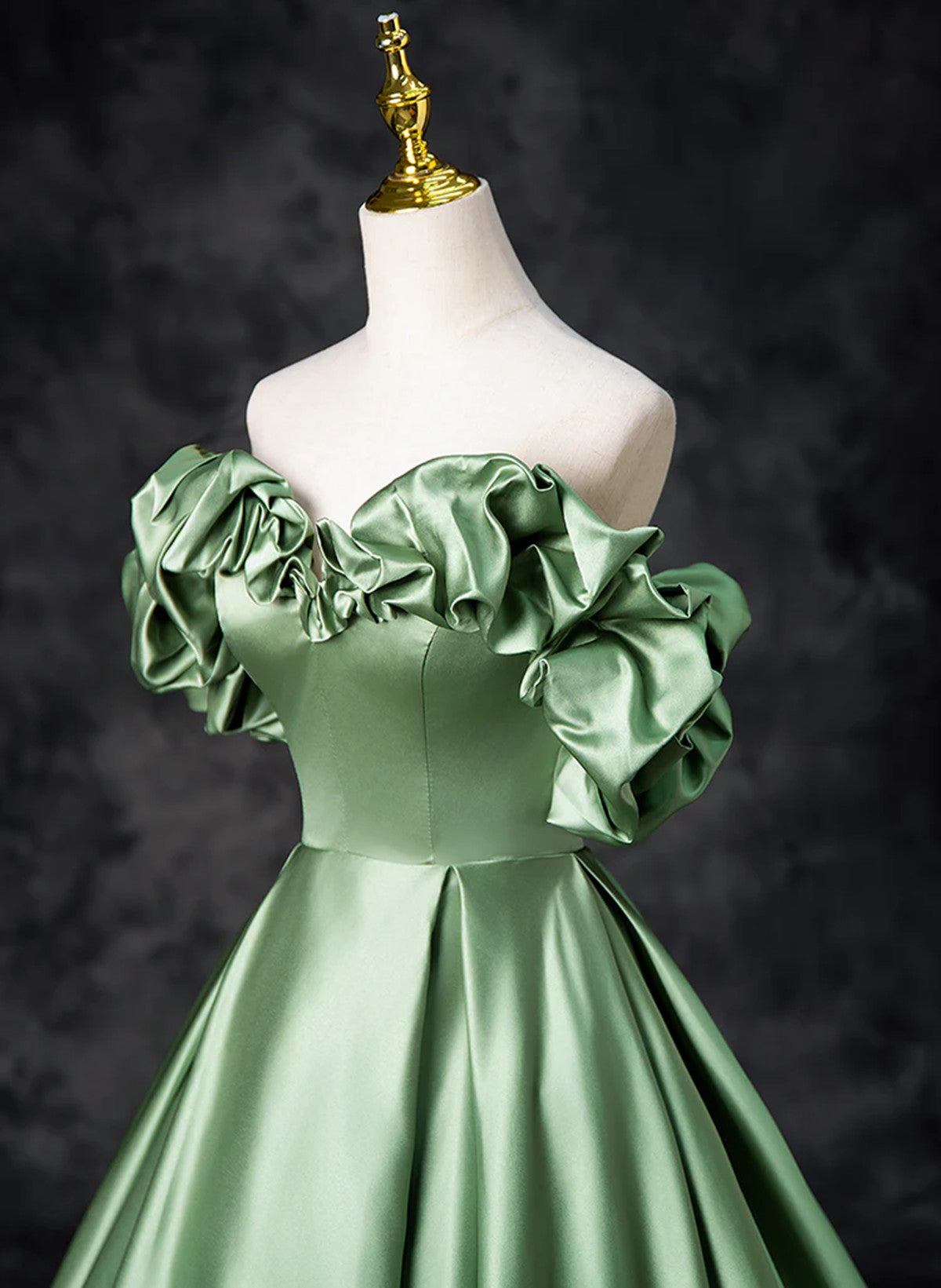 A-line Green Satin Off Shoulder Long Party Dress, Green Satin Prom Dress