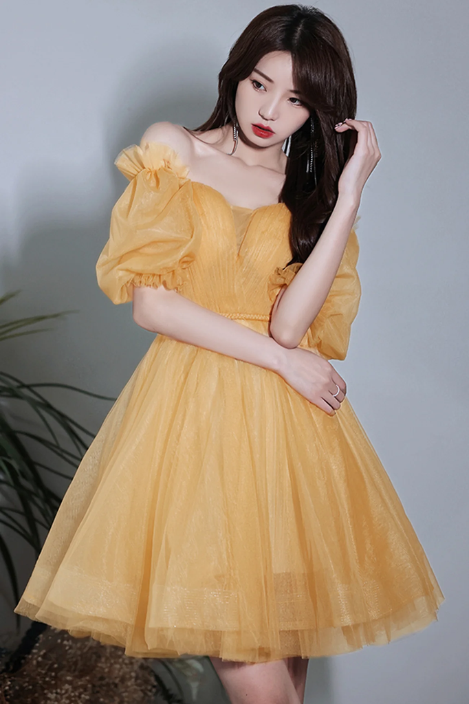 Lovely Yellow Tulle Short Party Dresss, Yellow Short Homecoming Dress