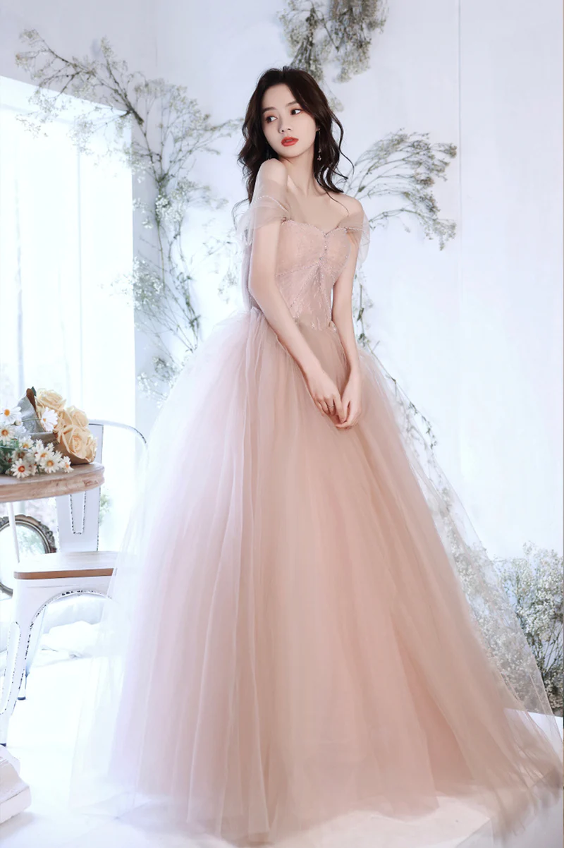Pink Sweetheart Tulle Long Formal Dress Evening Dress, Pink Tulle Party Dress