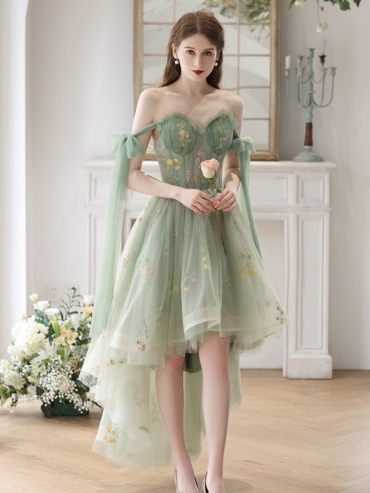 Light Green High Low Sweetheart Straps Formal Dress, Floral Tulle Homecoming Dress
