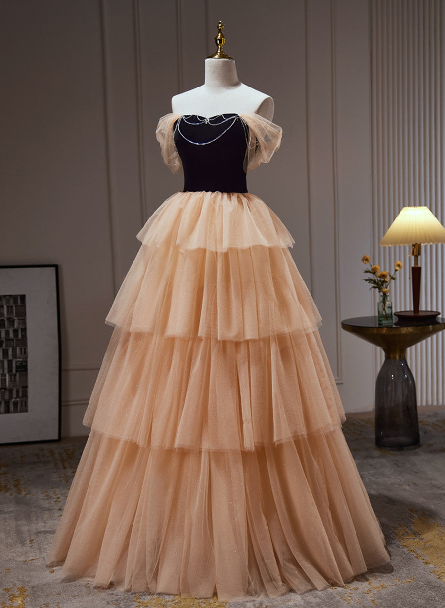 Black and Champagne Sweetheart Layers Tulle Long Party Dress, A-line E Cutedressy Black and Champagne Sweetheart Layers Tulle Long Party Dress, A-line E Cutedressy