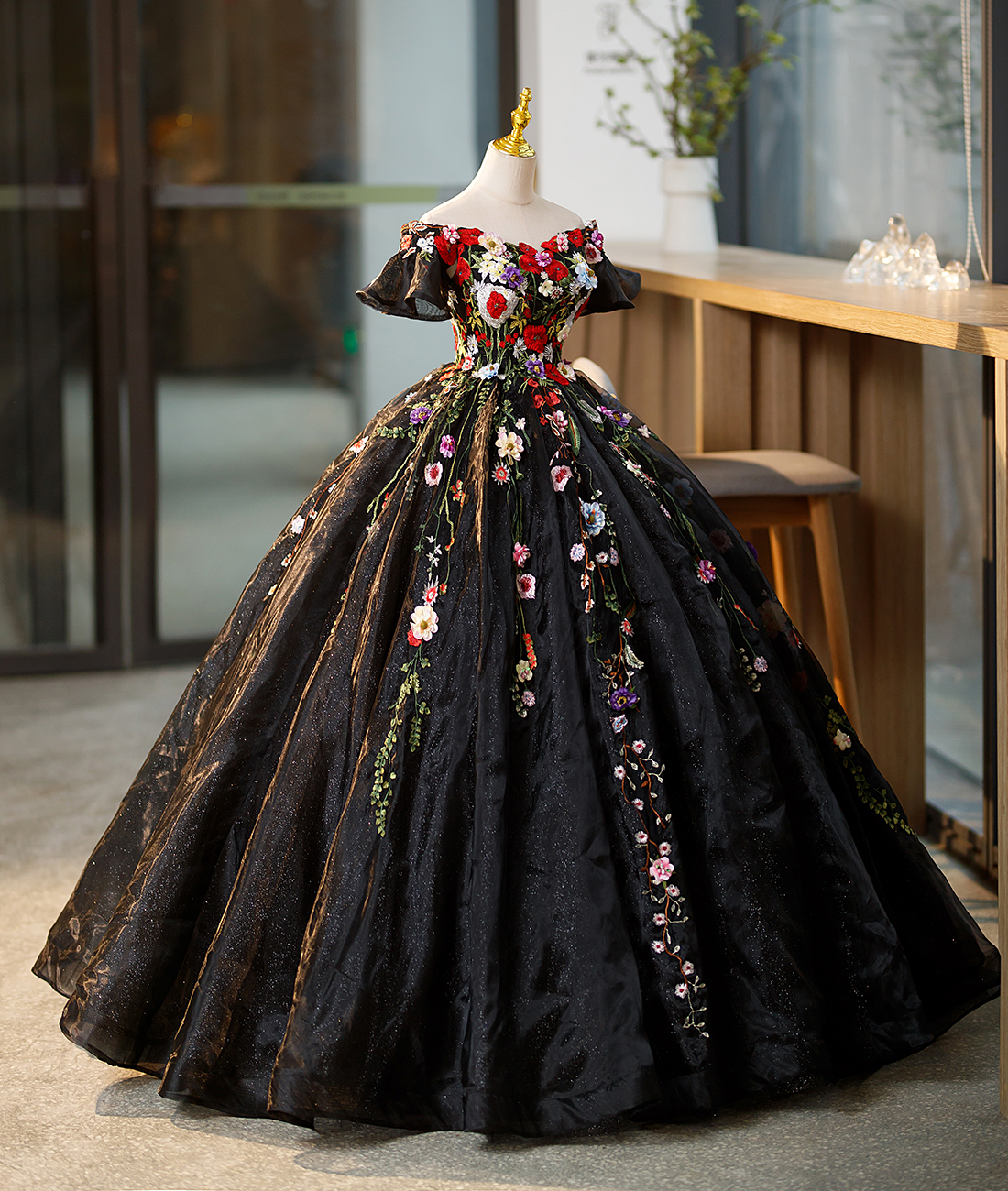 Black Off Shoulder Sweet 16 Dresses with Flowers, Black Ball Gown Formal Dress