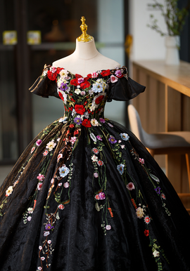 Black Off Shoulder Sweet 16 Dresses with Flowers, Black Ball Gown Formal Dress