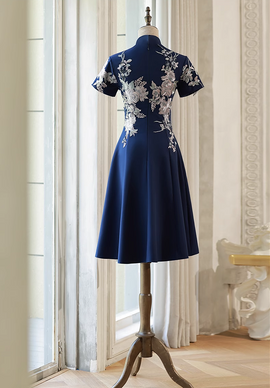 Navy Blue Short Sleeves Party Dress with Lace Applique, Short Cute Blue Wedding Party Dress