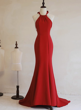 Red Mermaid Halter Long Evening Dress, Red Backless Formal Dress Prom Dress
