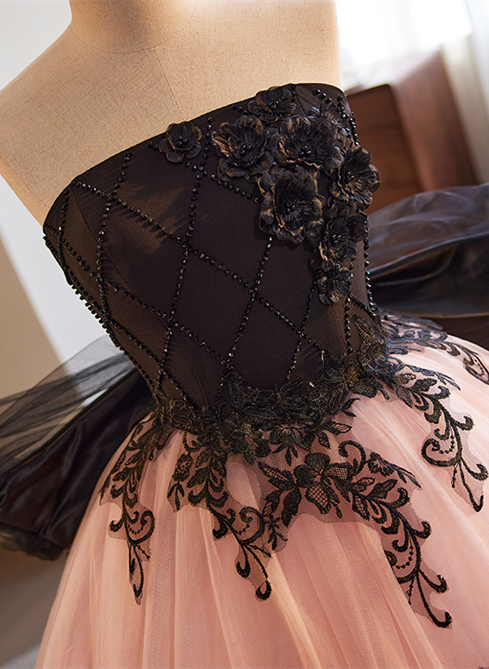 Pink and Black Lace Tulle Ball Gown Sweet 16 Dress, Pink and Black Long Formal Dress