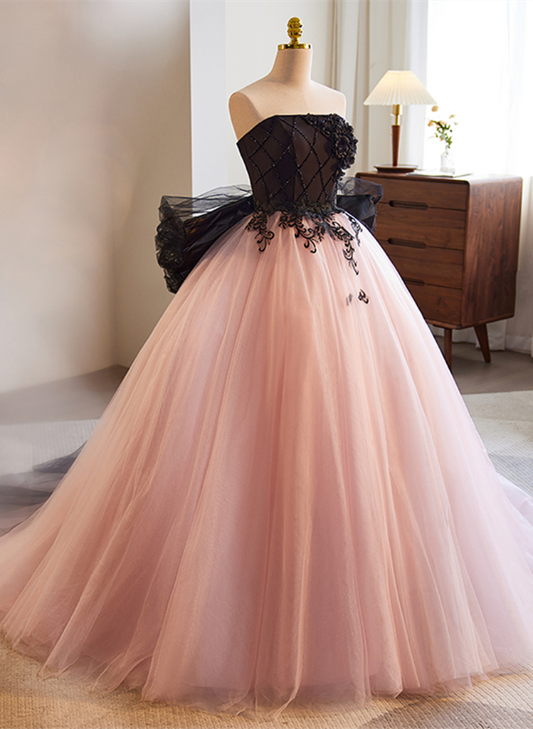 Pink Tulle Ball Gown with Lace and Beadings Party Dress, Pink Sweet 16 Dress