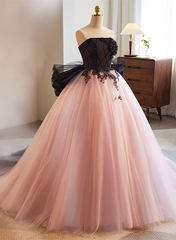 Pink and Black Lace Tulle Ball Gown Sweet 16 Dress, Pink and Black Long Formal Dress