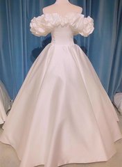 Off Shoulder White Satin Sweetheart Long Formal Dress, White Wedding Party Dress