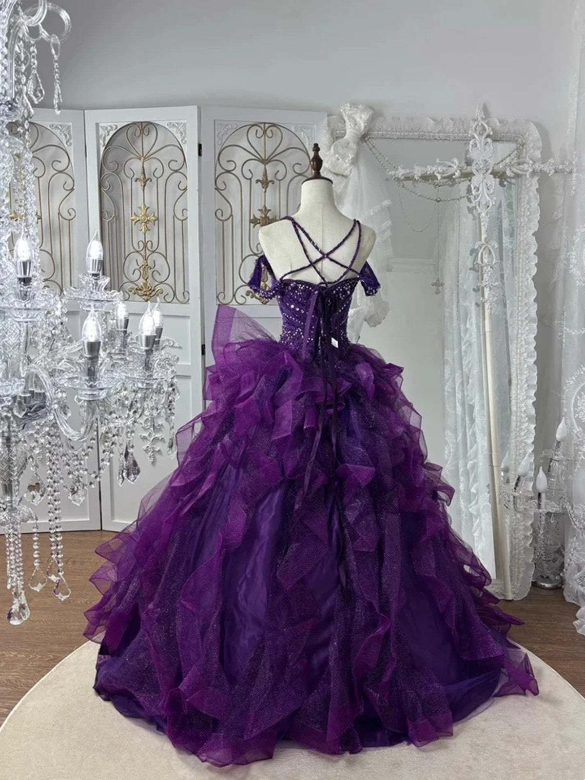 Purple Beaded Sweetheart Ball Gown Tulle Sweet 16 Dress, Purple Off Shoulder Long Formal Dress