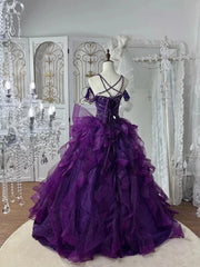 Purple Beaded Sweetheart Ball Gown Tulle Sweet 16 Dress, Purple Off Shoulder Long Formal Dress