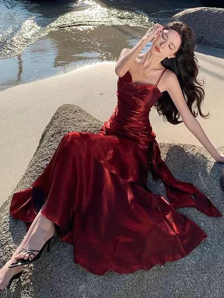 Wine Red Satin Mermaid Long Evening Dress, Wine Red Satin Floor Length Prom Dress