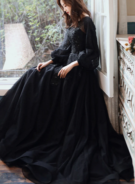 Black Puffy Sleeves Tulle with Lace Long Evening Dress, A-line Back Long Formal Dress