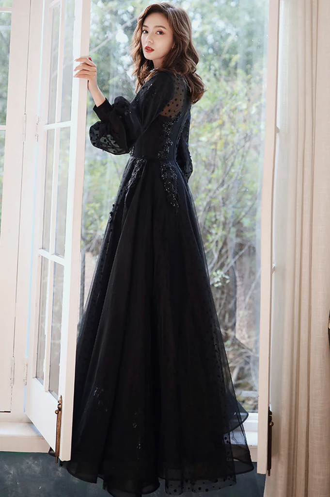 Black Puffy Sleeves Tulle with Lace Long Evening Dress, A-line Back Lo