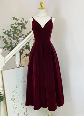 Wine Red Velvet Tea Length Homecoming Dress, Wine Red V-neckline Party Dress
