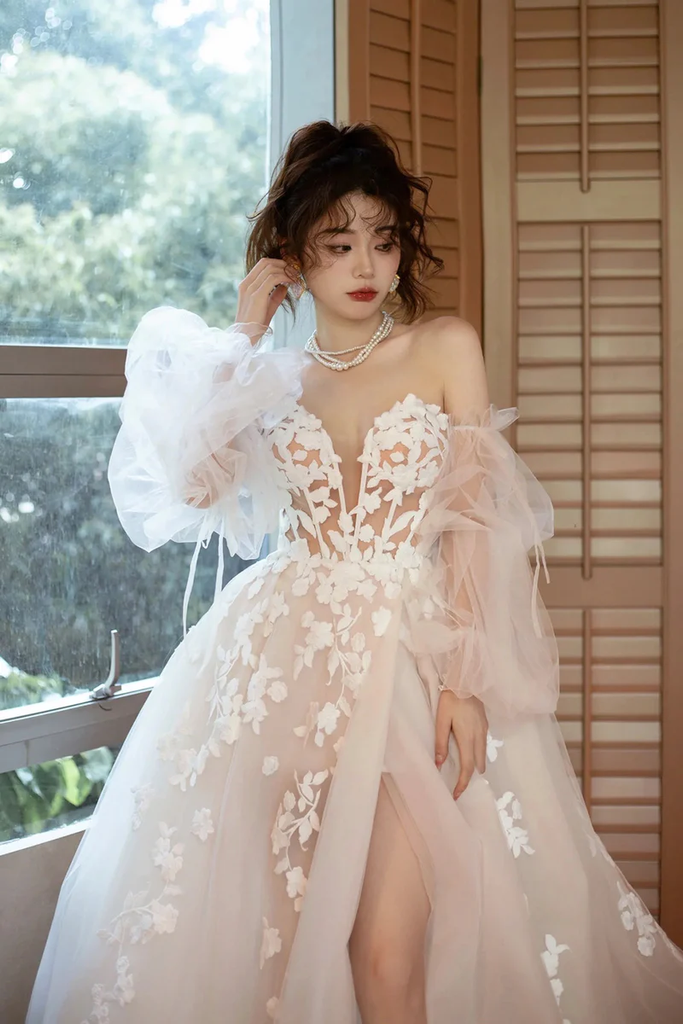 Sweetheart Ivory Pearl Long Formal Dresses with Split main image 1