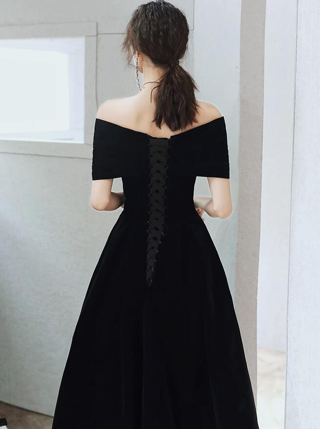 Off Shoulder Black Velvet Tea Length Party Dress, Off Shoulder Velvet Homecoming Dress