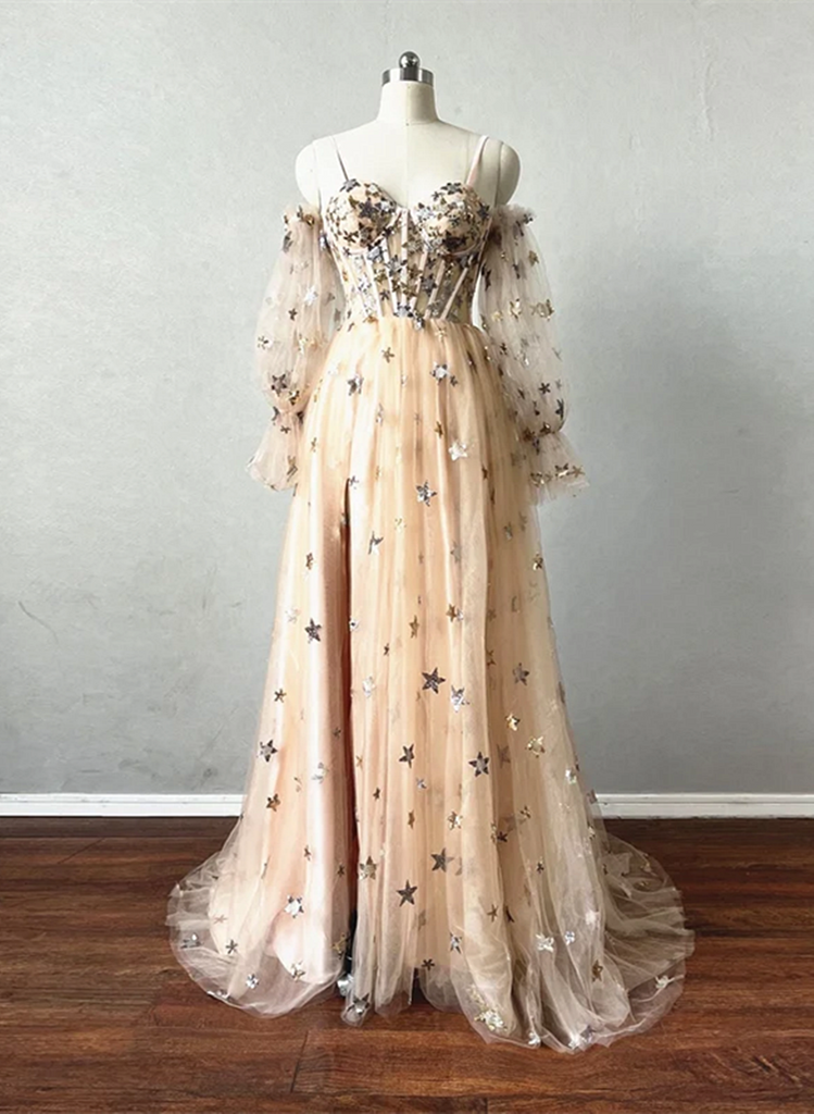 Champagne Puffy Sleeves Tulle Long Evening Dress, Champagne Party Dres