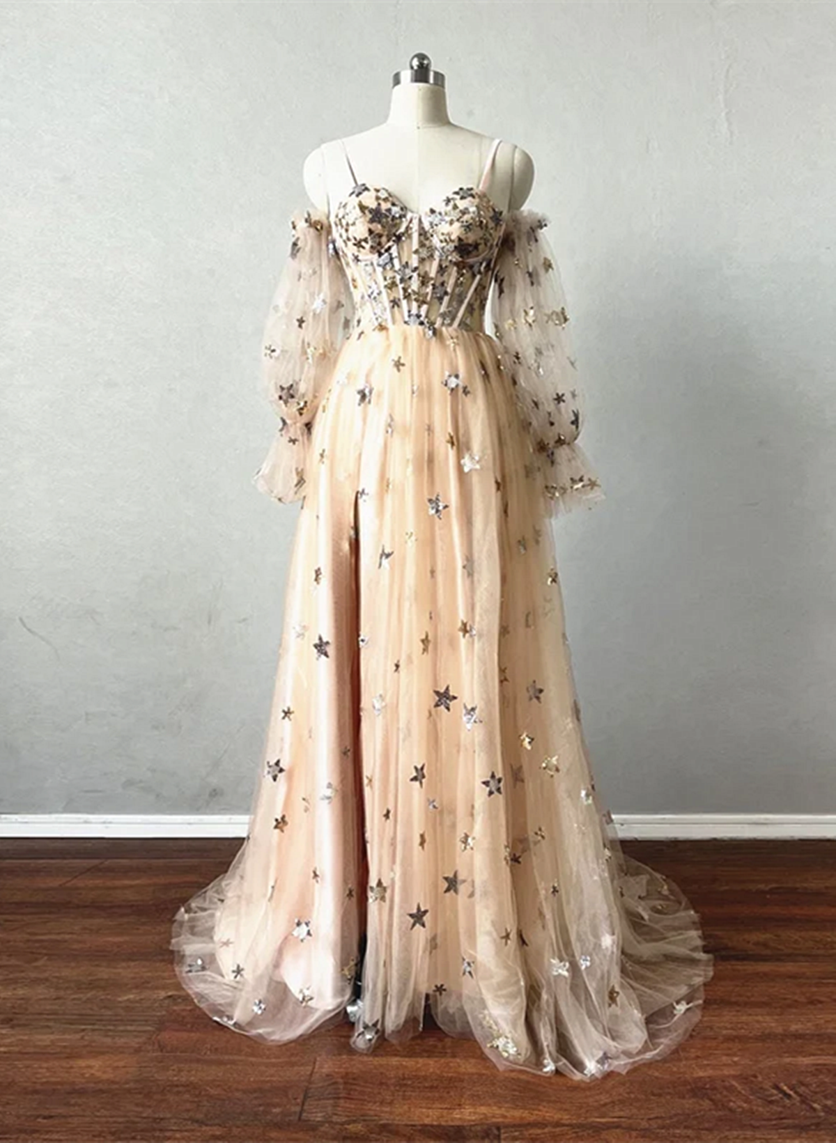 Champagne Puffy Sleeves Tulle Long Evening Dress, Champagne Party Dress Prom Dress