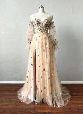 Champagne Puffy Sleeves Tulle Long Evening Dress, Champagne Party Dress Prom Dress