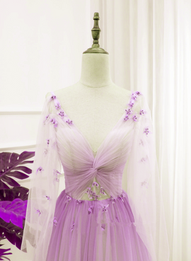 Beautiful Purple Gradient Tulle Long Sleeves Party Dress, A-line Tulle Formal Dress