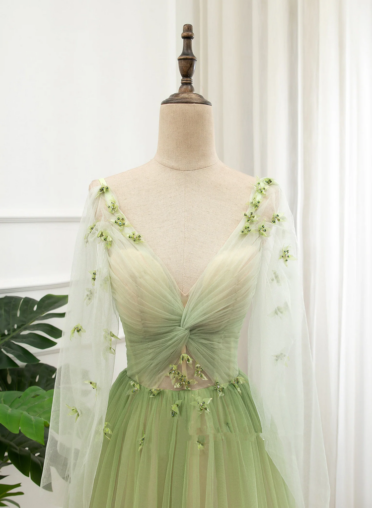 A-line Green Tulle Gradient Long Party Dress, Green Floor Length Forma