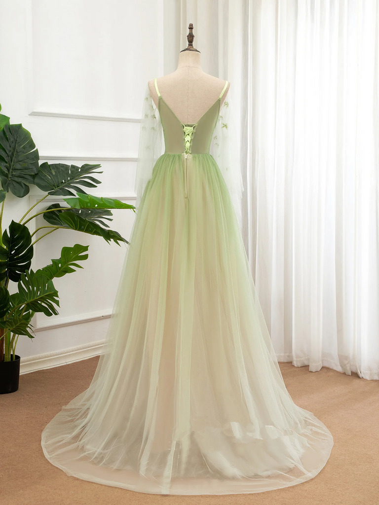 A-line Green Tulle Gradient Long Party Dress, Green Floor Length Forma