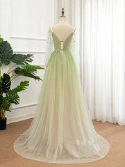 A-line Green Tulle Gradient Long Party Dress, Green Floor Length Formal Dress