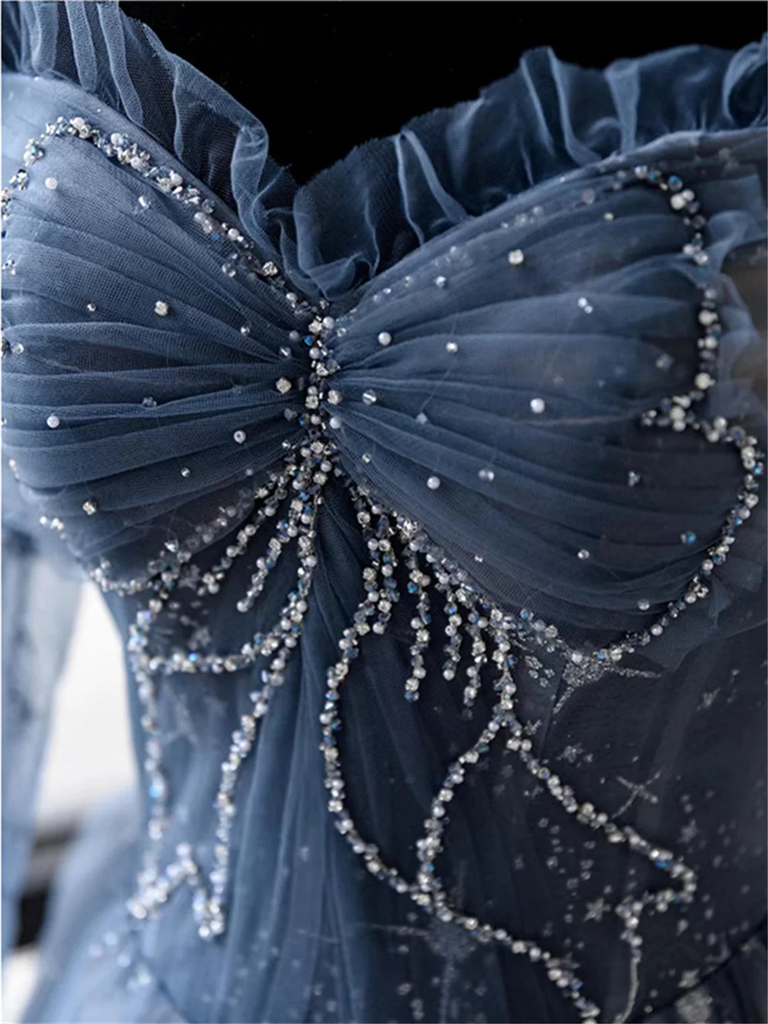 Sparkly A Line Blue Tulle Long Prom Dresses With Beads B046