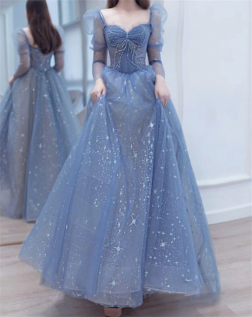 Blue Beaded Long Sleeves A-line Tulle Prom Dress, Blue Floor Length Pa
