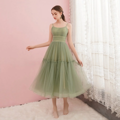 Light Green Tulle Straps Tea Length Party Dress, Light Green Tulle Homecoming Dress