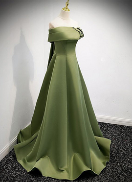 Green Scoop Off Shoulder Satin Lace-up Prom Dress, A-line Green Evening Dress