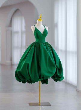 Green V-neckline Straps Short Party Dress, Green Knee Length Homecoming Dress