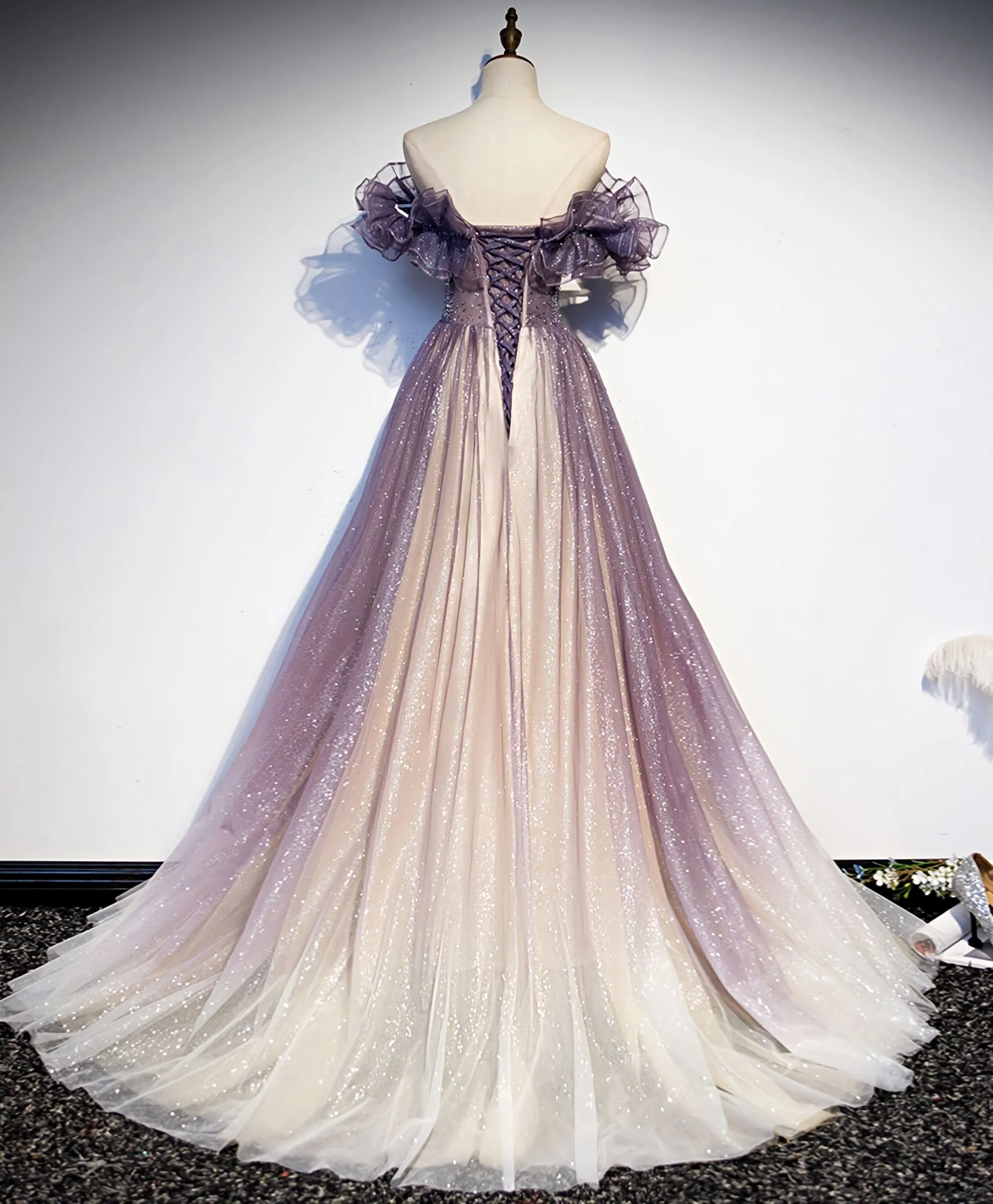 Lovely Purple Shiny Tulle Off Shoulder Evening Dress, Purple Long Prom Dress