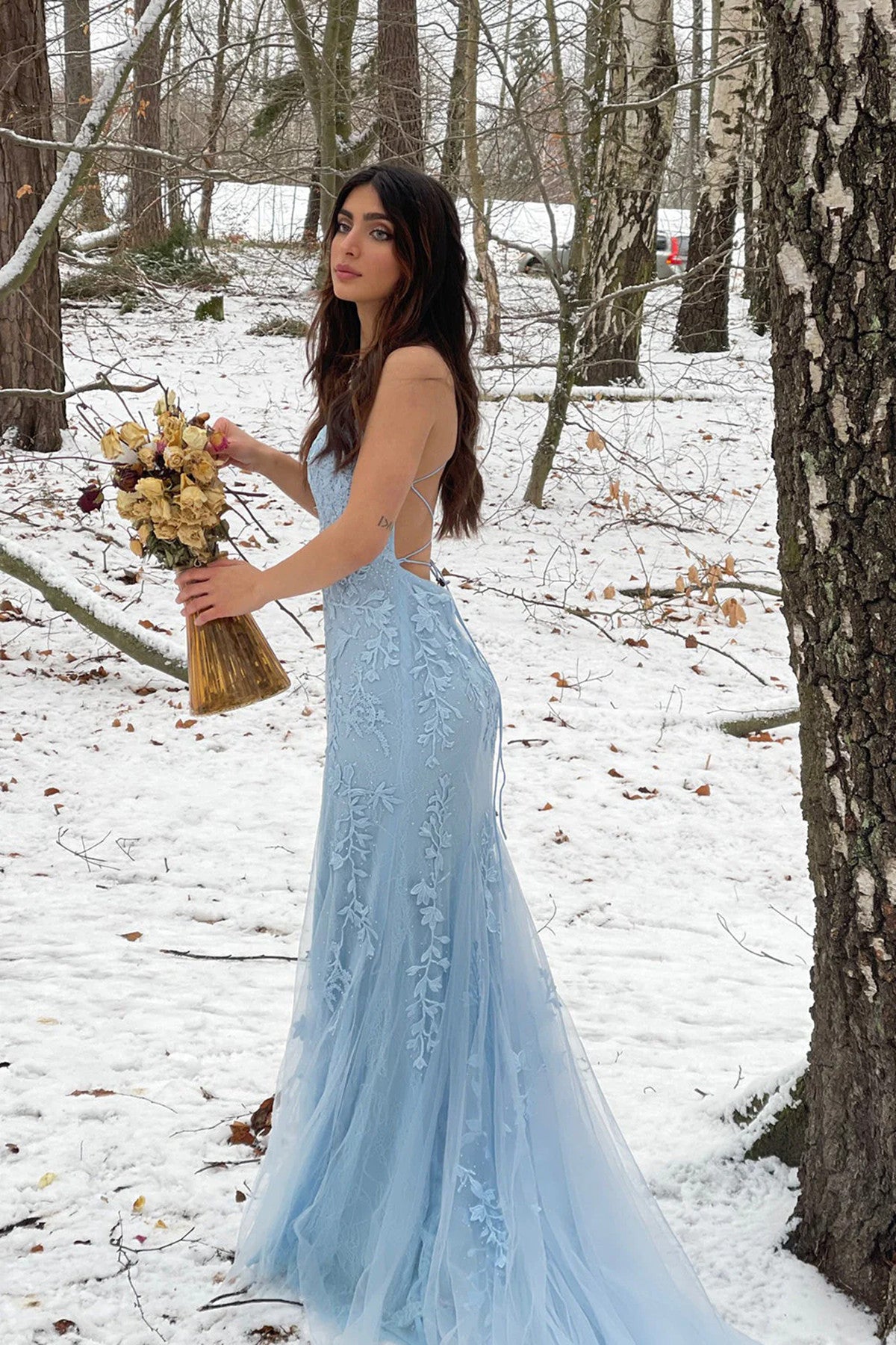 Light Blue Mermaid Cross Back Lace Long Party Dress, Light Blue Prom Dress