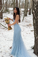 Light Blue Mermaid Cross Back Lace Long Party Dress, Light Blue Prom Dress