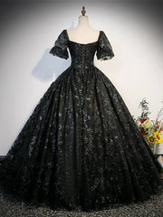 Black Lace Sweetheart Short Sleeves Long Evening Dress, Black Prom Dress Party Dress