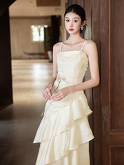 Lovely Light Champagne Satin Straps Prom Dress, A-line Scoop Layers Party Dress