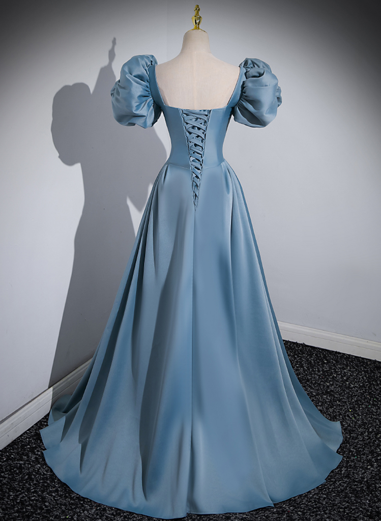 A-line Blue Satin Short Sleeves Long Party Dress, Blue Short Sleeves P
