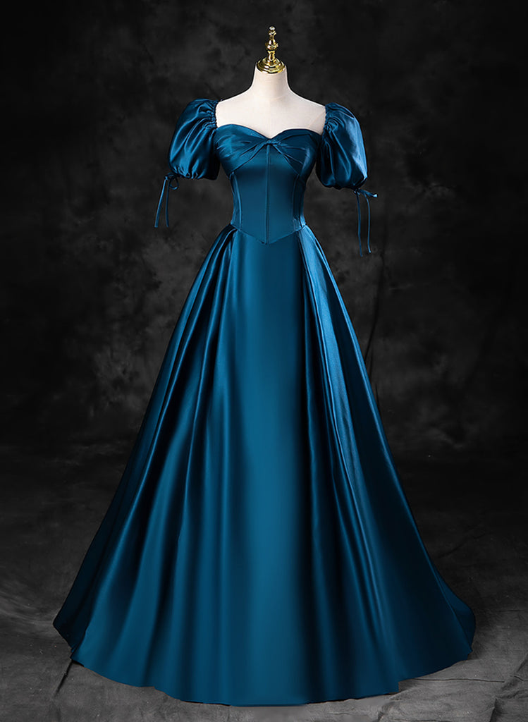 Blue Satin Short Sleeves Sweetheart Long Party Dress, Blue A-line Prom
