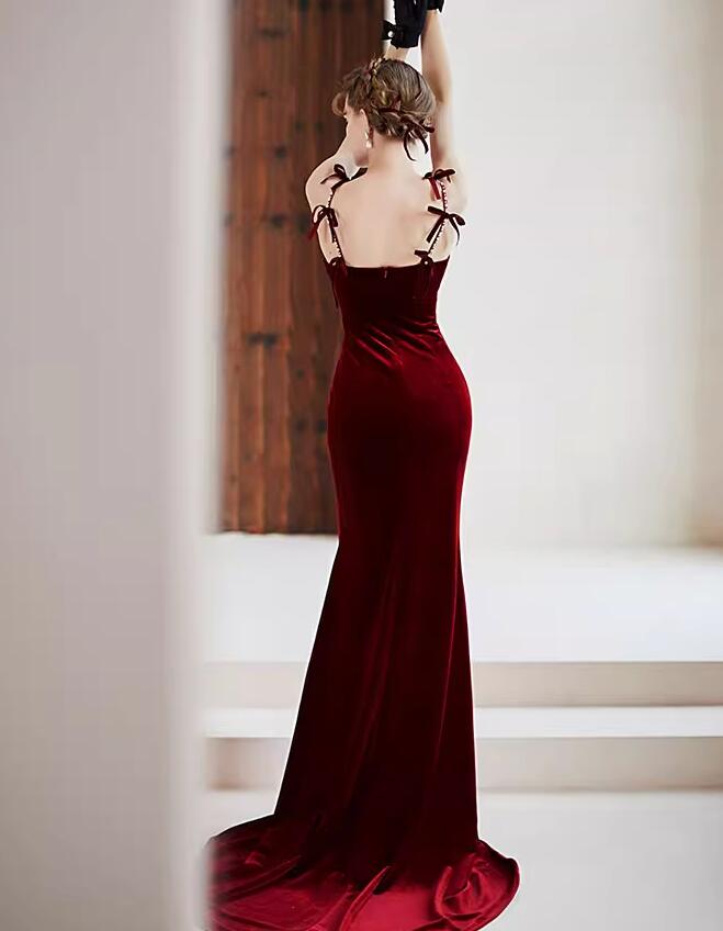 Wine Red Velvet V-neckline Mermaid Long Evening Dress, Wine Red Velvet Prom Dress