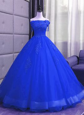 Royal Blue Sequins Beaded Tulle Sweet 16 Dress, Royal Blue Long Formal Dress