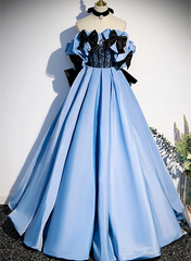 Blue Satin A-line Long Prom Dress with Black Bow, Off the Shoulder Blue Long Party Dress